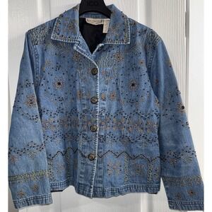 Vintage Denim Embroidered Beaded‎ Jacket Jean Small Boho Western Floral